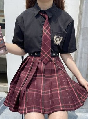Necktie + Short Sleeve Blouse + Plaid Pleated Skirt
