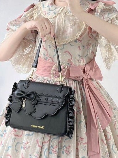 Side Ruffle Heart Ribbon Flap Bag