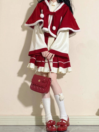 Chinese-style Blouse + Skirt + Cat Ears Hooded Cape Coat[christmas Eve Costume]
