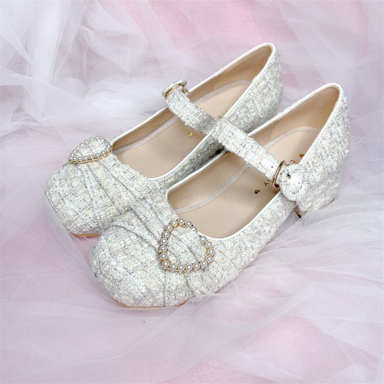 Tweed Pearl Decoration One Strap Girly Shoes