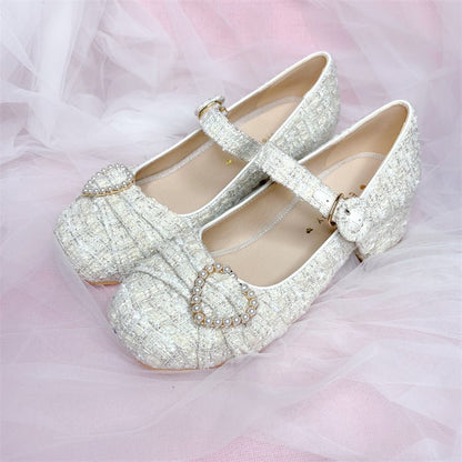 Tweed Pearl Decoration One Strap Girly Shoes