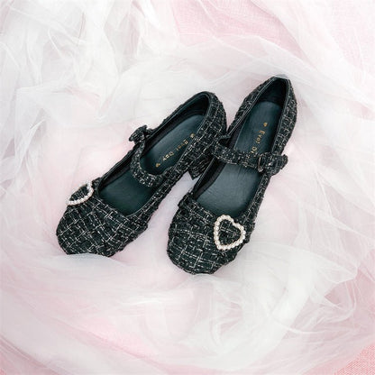 Tweed Pearl Decoration One Strap Girly Shoes