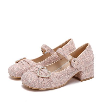 Tweed Pearl Decoration One Strap Girly Shoes