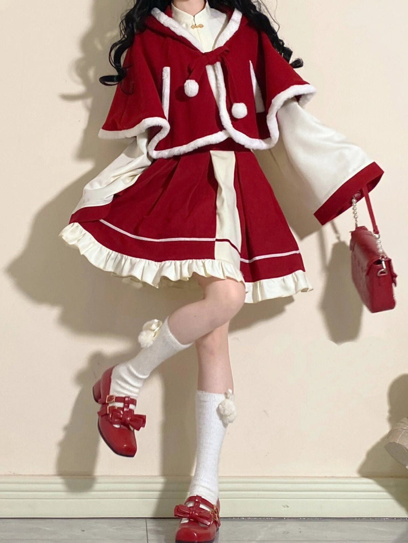 Chinese-style Blouse + Skirt + Cat Ears Hooded Cape Coat[christmas Eve Costume]