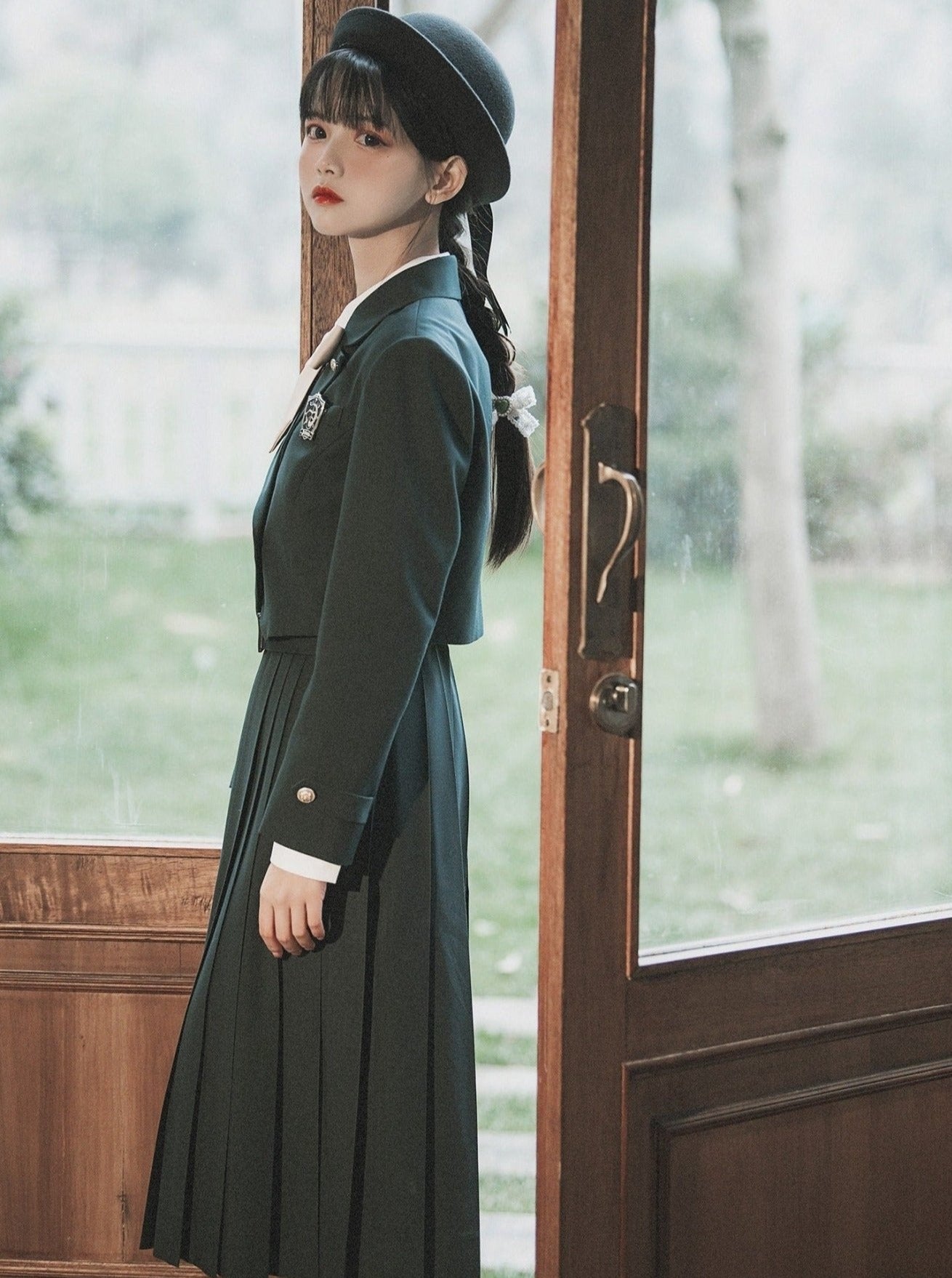 Short Jacket + Ribbon Blouse + Belted Jumper Skirt / Short Jacket + Ribbon Blouse + Suspender Dress