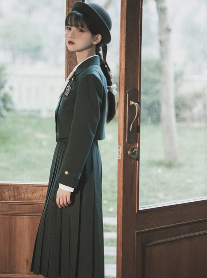 Short Jacket + Ribbon Blouse + Belted Jumper Skirt / Short Jacket + Ribbon Blouse + Suspender Dress