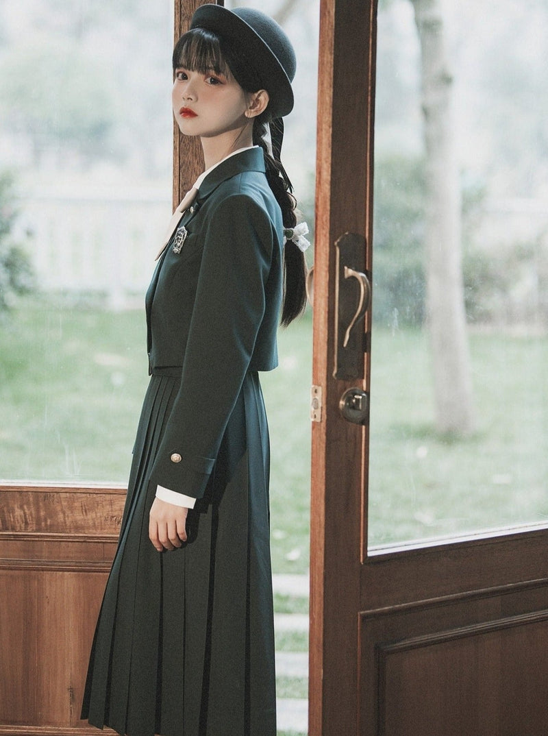 Short Jacket + Ribbon Blouse + Belted Jumper Skirt / Short Jacket + Ribbon Blouse + Suspender Dress