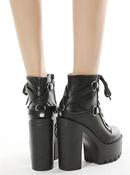 Back Cross Leather Belt Lace-up Super Platform Boots