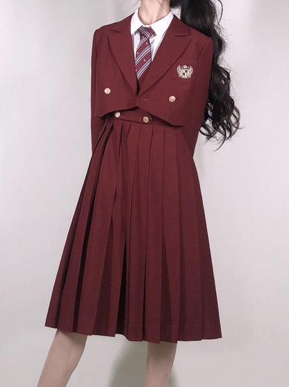 Emblem Short Jacket + Blouse With Embroidered Collar and Necktie + Bib Dress