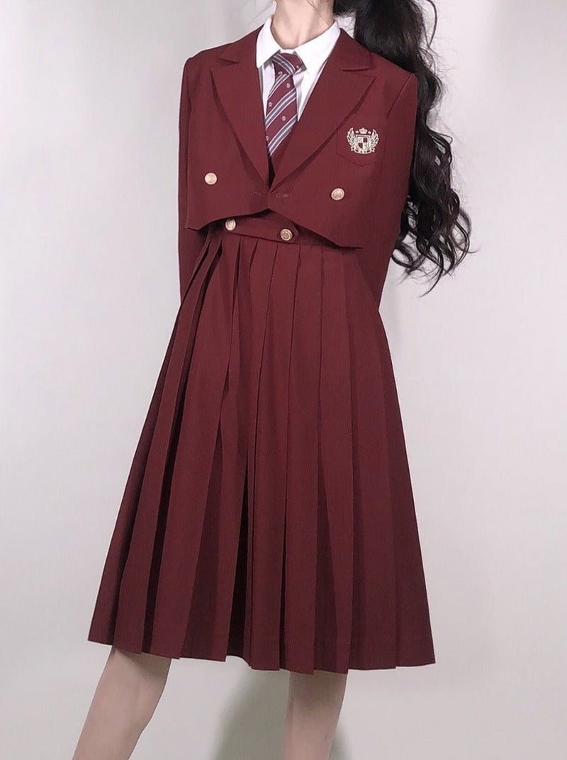 Emblem Short Jacket + Blouse With Embroidered Collar and Necktie + Bib Dress