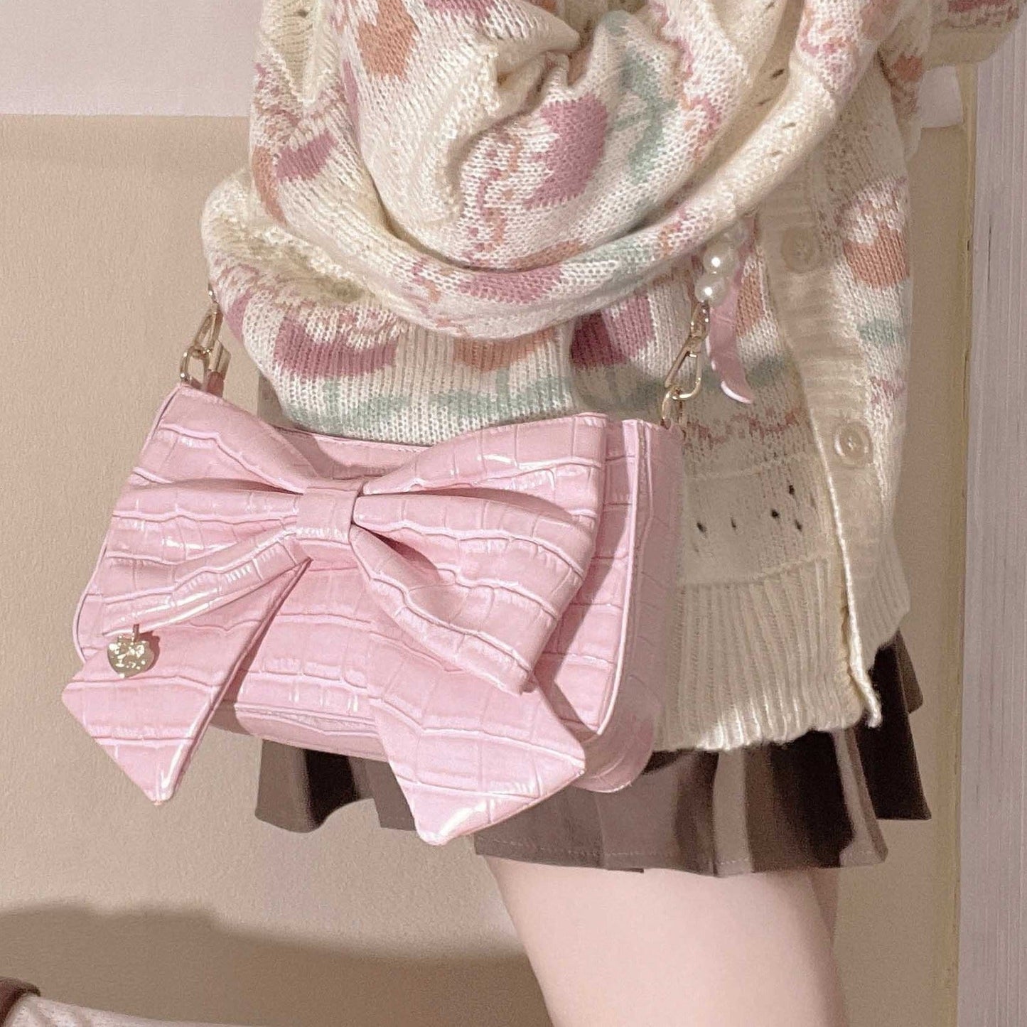 Heart Charm Bow Bag [short & Pearl Long Strap Included]