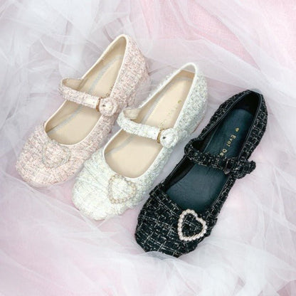 Tweed Pearl Decoration One Strap Girly Shoes