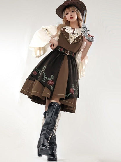 Lace-up Ruffle Blouse + Gold Line Dress With Brooch + Rose Embroidery Split Skirt