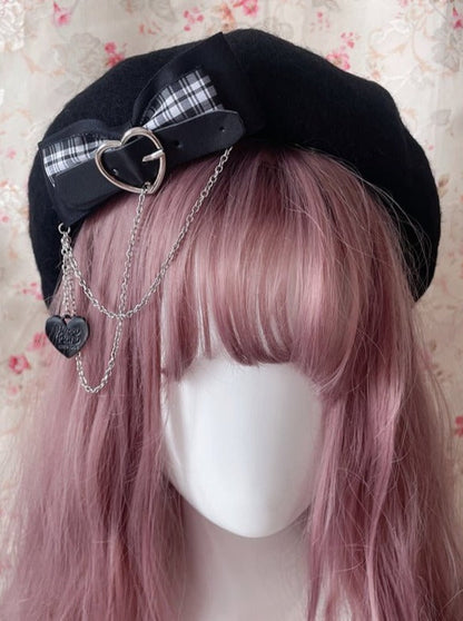 Heart Ring Chain Strap Beret With Bow