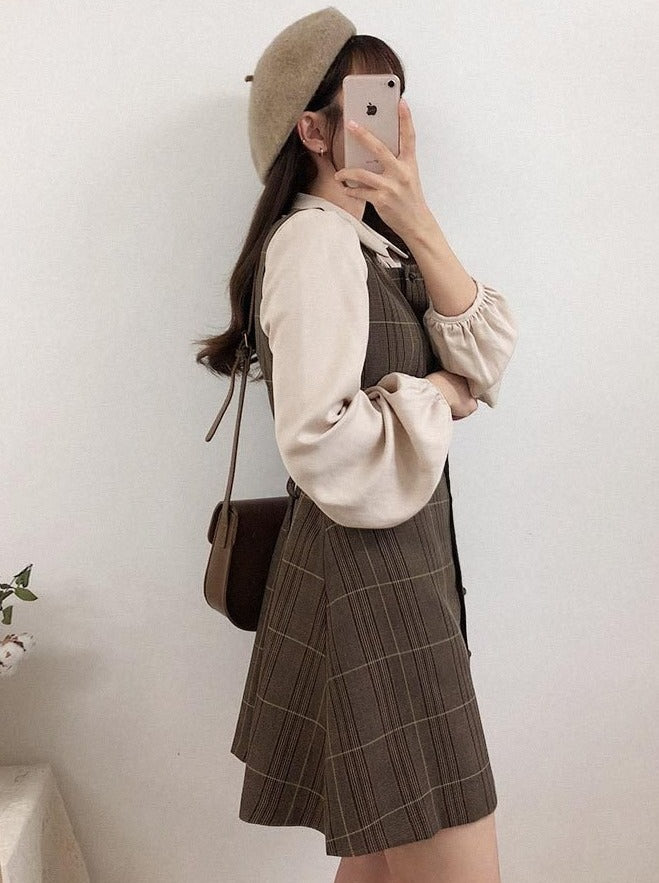 Pleated Shirt + Plaid Jumper Skirt