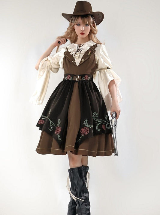 Lace-up Ruffle Blouse + Gold Line Dress With Brooch + Rose Embroidery Split Skirt