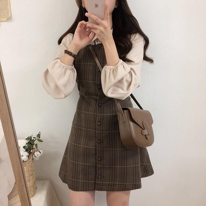 Plaid Retro Jumper Skirt With Square Neckline