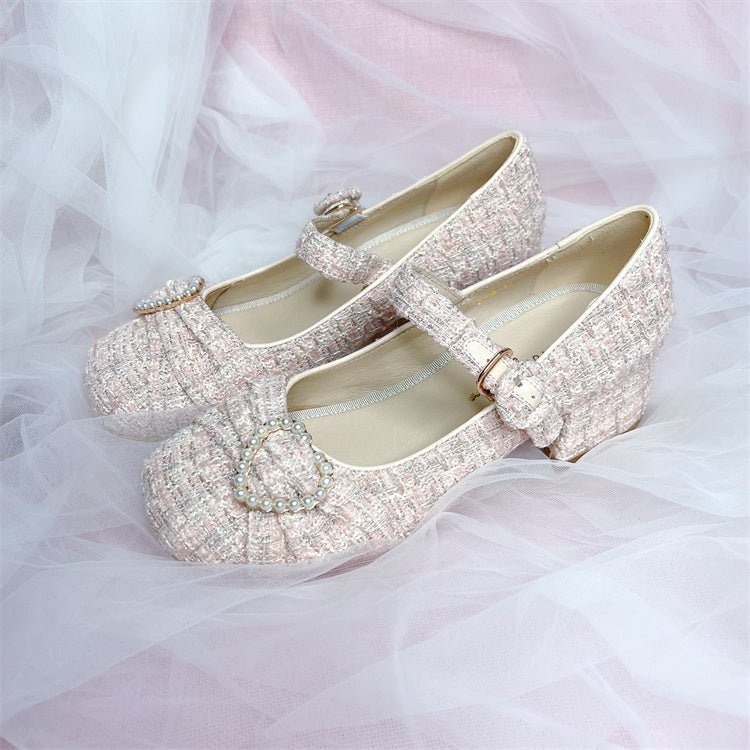 Tweed Pearl Decoration One Strap Girly Shoes
