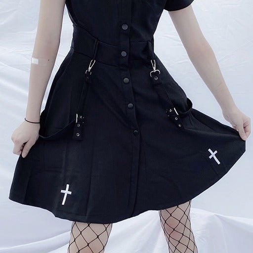 Cross Embroidery Shoulder Strap Shirt Dress