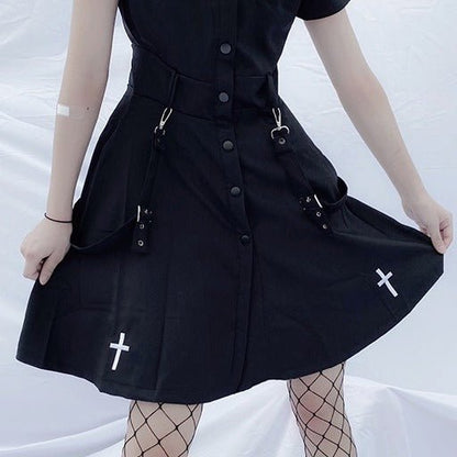 Cross Embroidery Shoulder Strap Shirt Dress