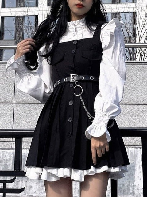 Ruffle Shirt + Bib Dress With Belt + Inner Slip