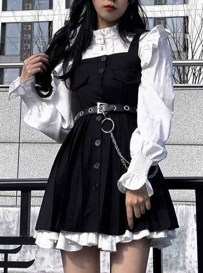 Ruffle Shirt + Bib Dress With Belt + Inner Slip