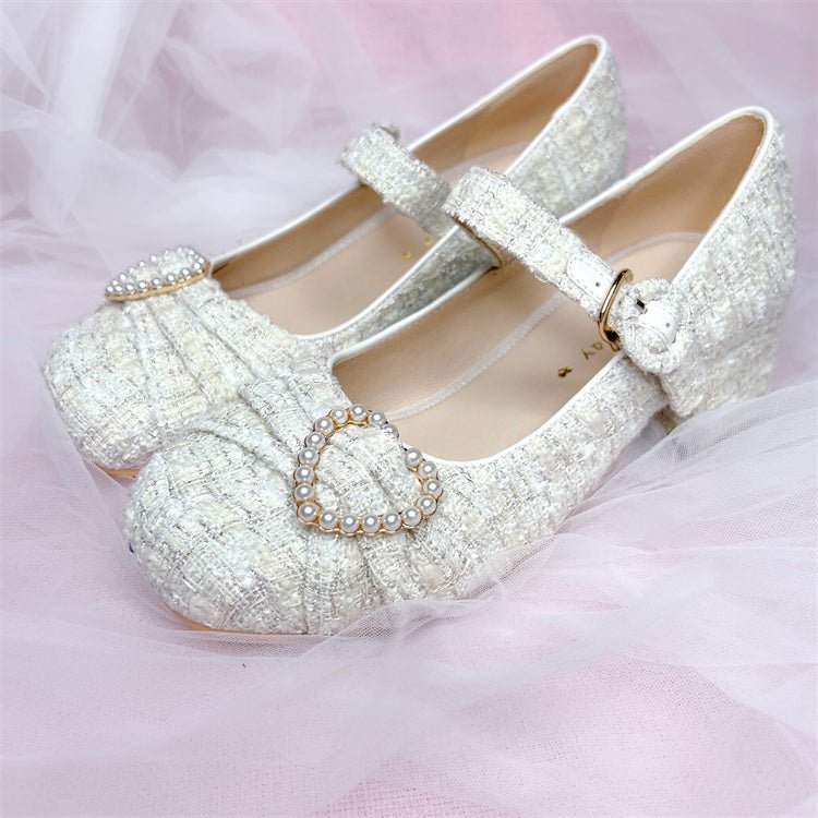 Tweed Pearl Decoration One Strap Girly Shoes