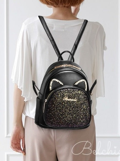 Cat Motif Glitter Backpack