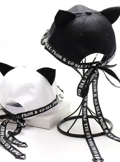 Cat Ear Long Logo Ribbon Strap Cap