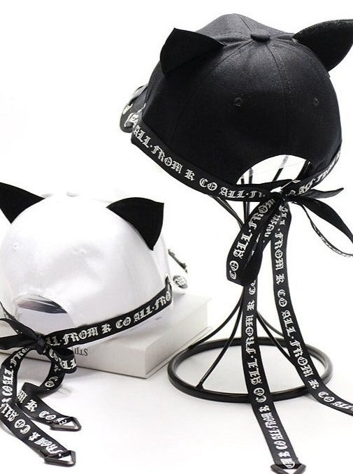 Cat Ear Long Logo Ribbon Strap Cap