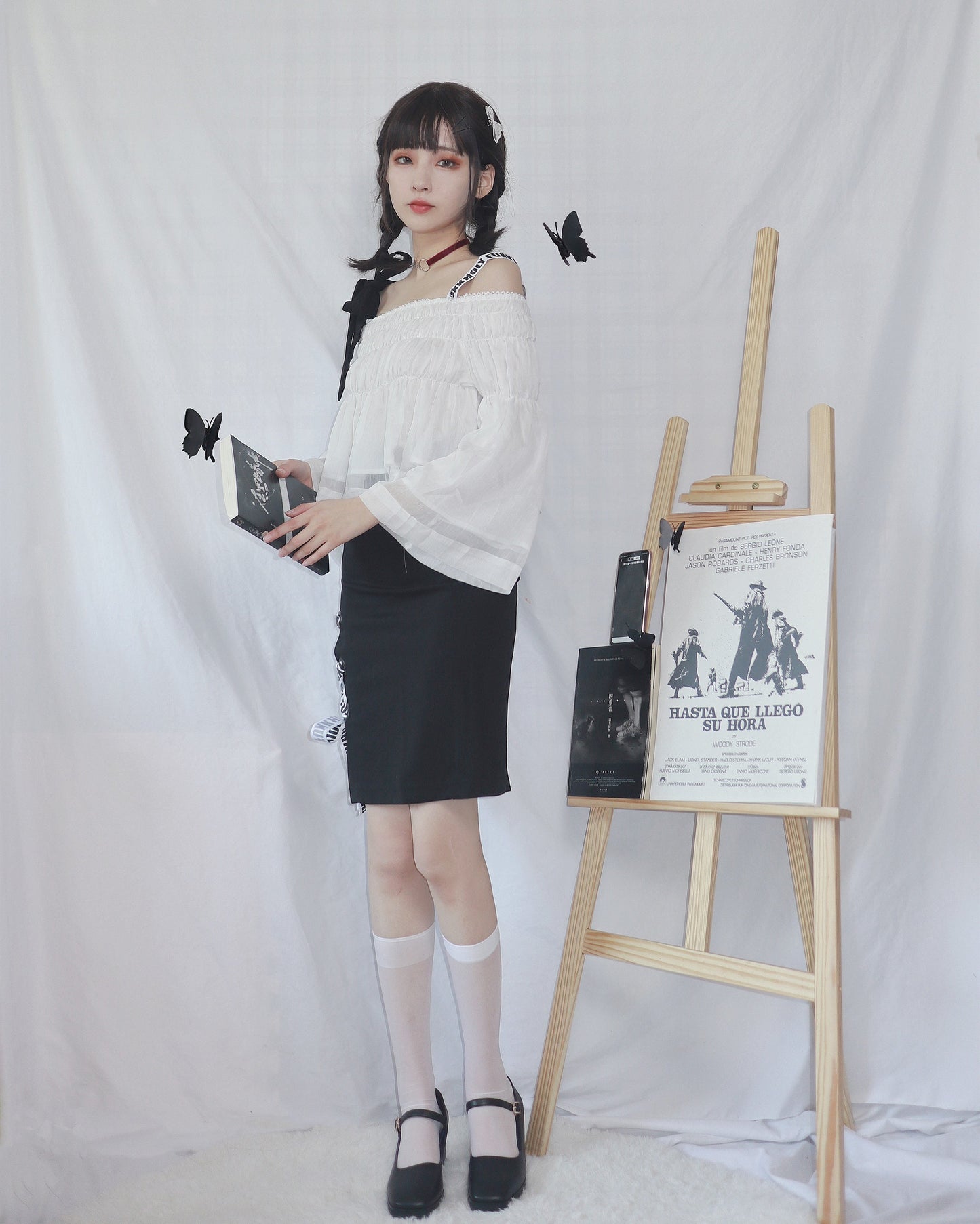 Off Shoulder Logo & Bow Gathered Top + Logo Lace Up Skirt