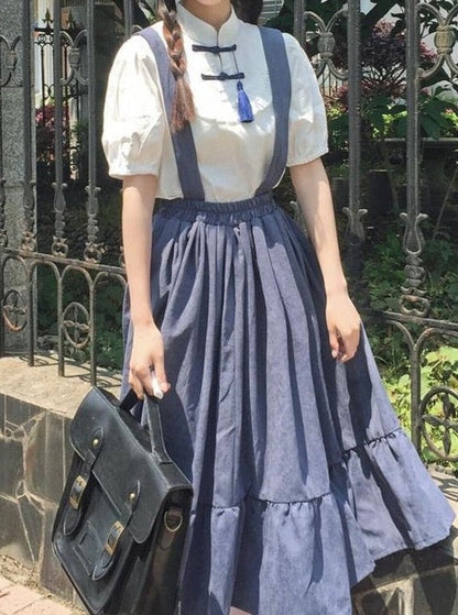 Flared Overalls Chinese-style Shirt Set