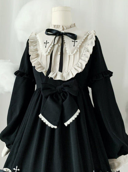 Ruffle Stand Collar Cross Bow Dress