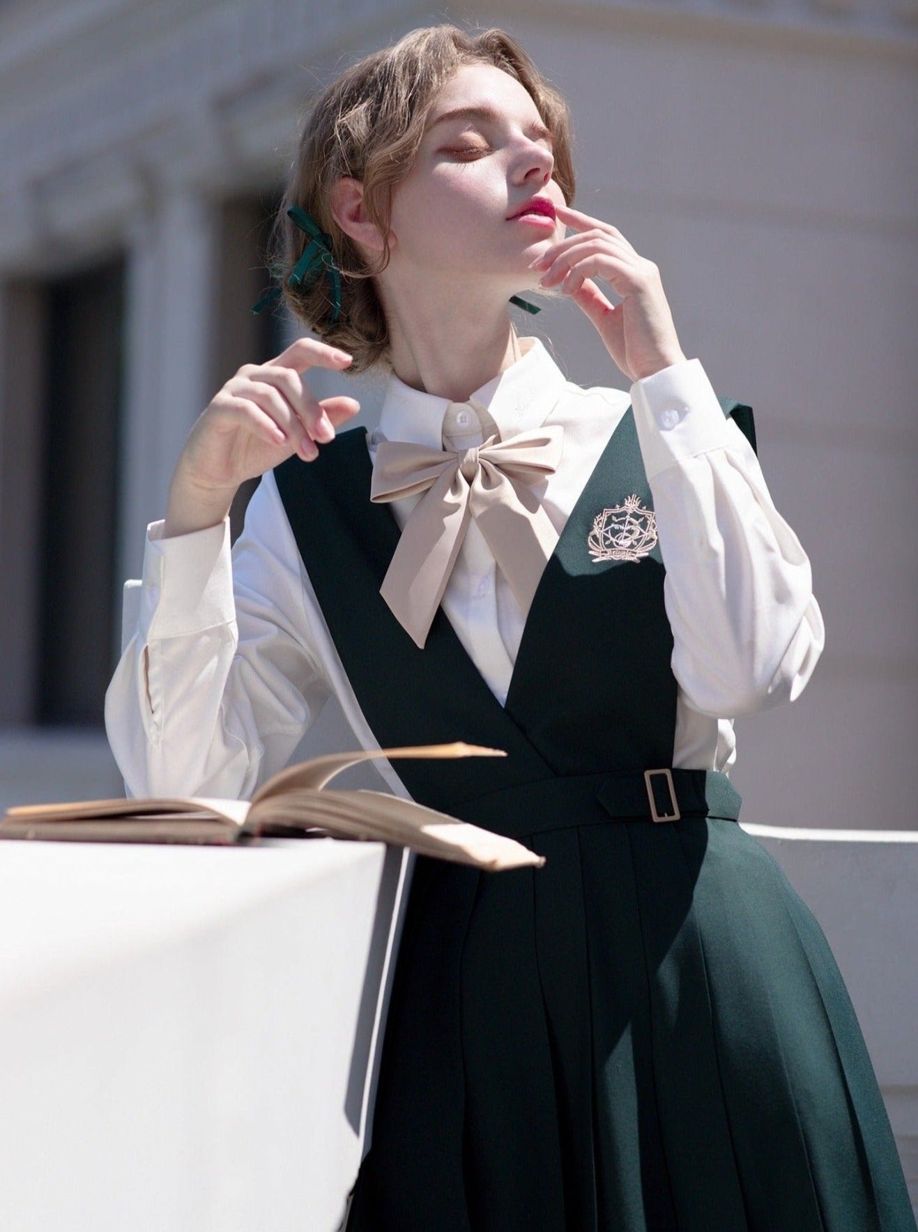 Short Jacket + Ribbon Blouse + Belted Jumper Skirt / Short Jacket + Ribbon Blouse + Suspender Dress
