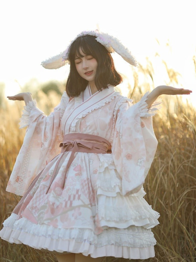 Japanese Cherry Blossom Tiered Dress With Obi Belt