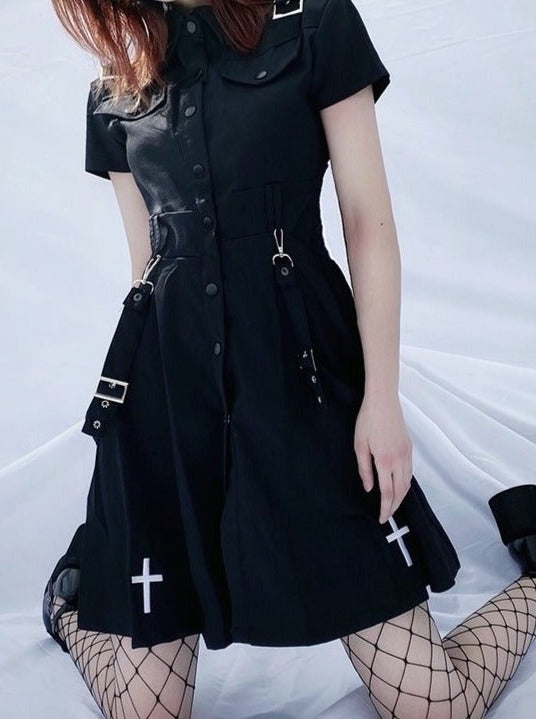 Cross Embroidery Shoulder Strap Shirt Dress