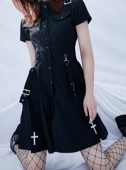 Cross Embroidery Shoulder Strap Shirt Dress