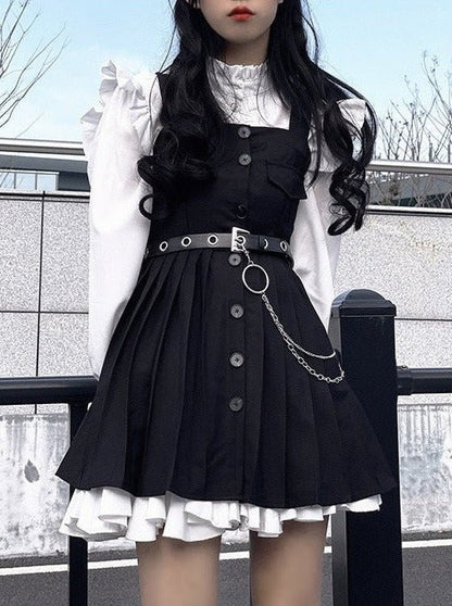 Ruffle Shirt + Bib Dress With Belt + Inner Slip