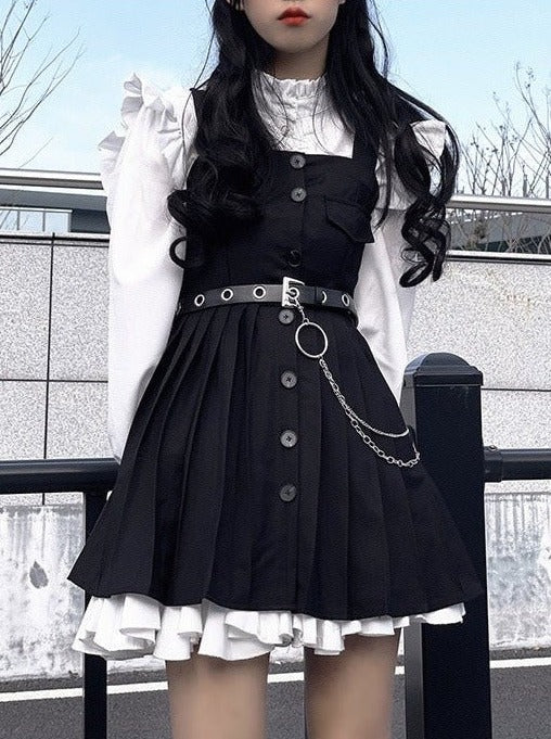 Ruffle Shirt + Bib Dress With Belt + Inner Slip