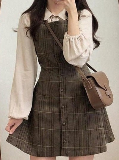 Pleated Shirt + Plaid Jumper Skirt