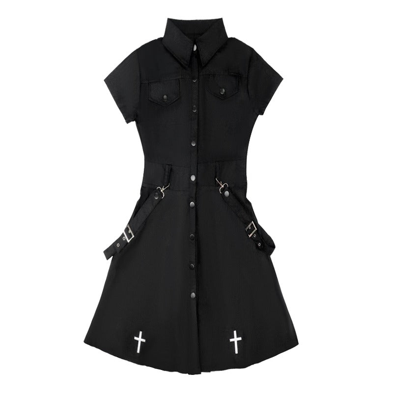 Cross Embroidery Shoulder Strap Shirt Dress