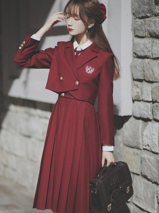 Emblem Short Jacket + Blouse With Embroidered Collar and Necktie + Bib Dress