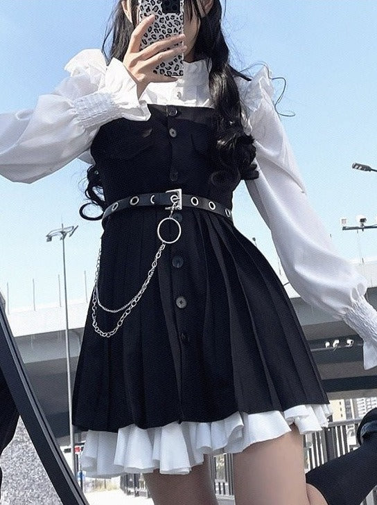 Ruffle Shirt + Bib Dress With Belt + Inner Slip