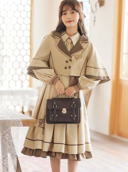Cape Coat + Emblem Military Dress With Necktie