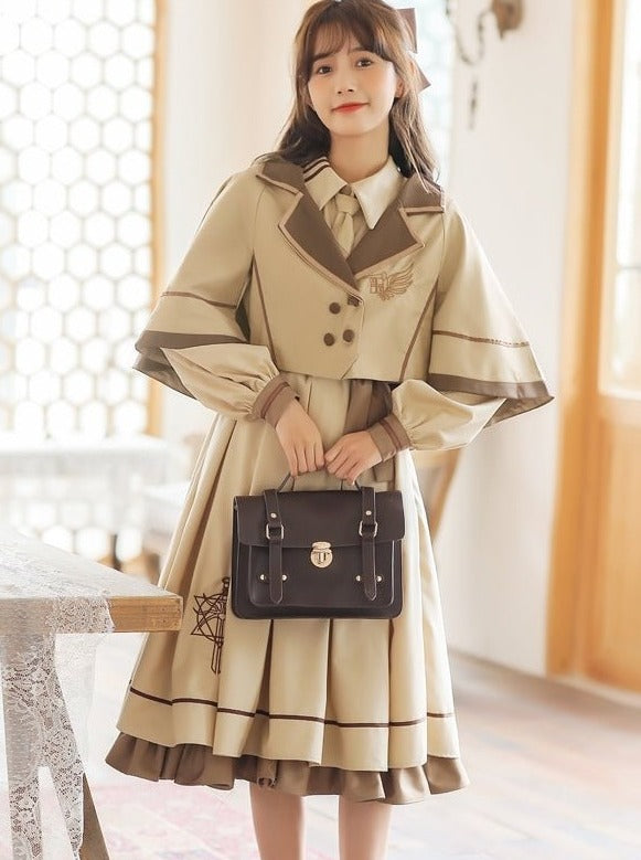 Cape Coat + Emblem Military Dress With Necktie
