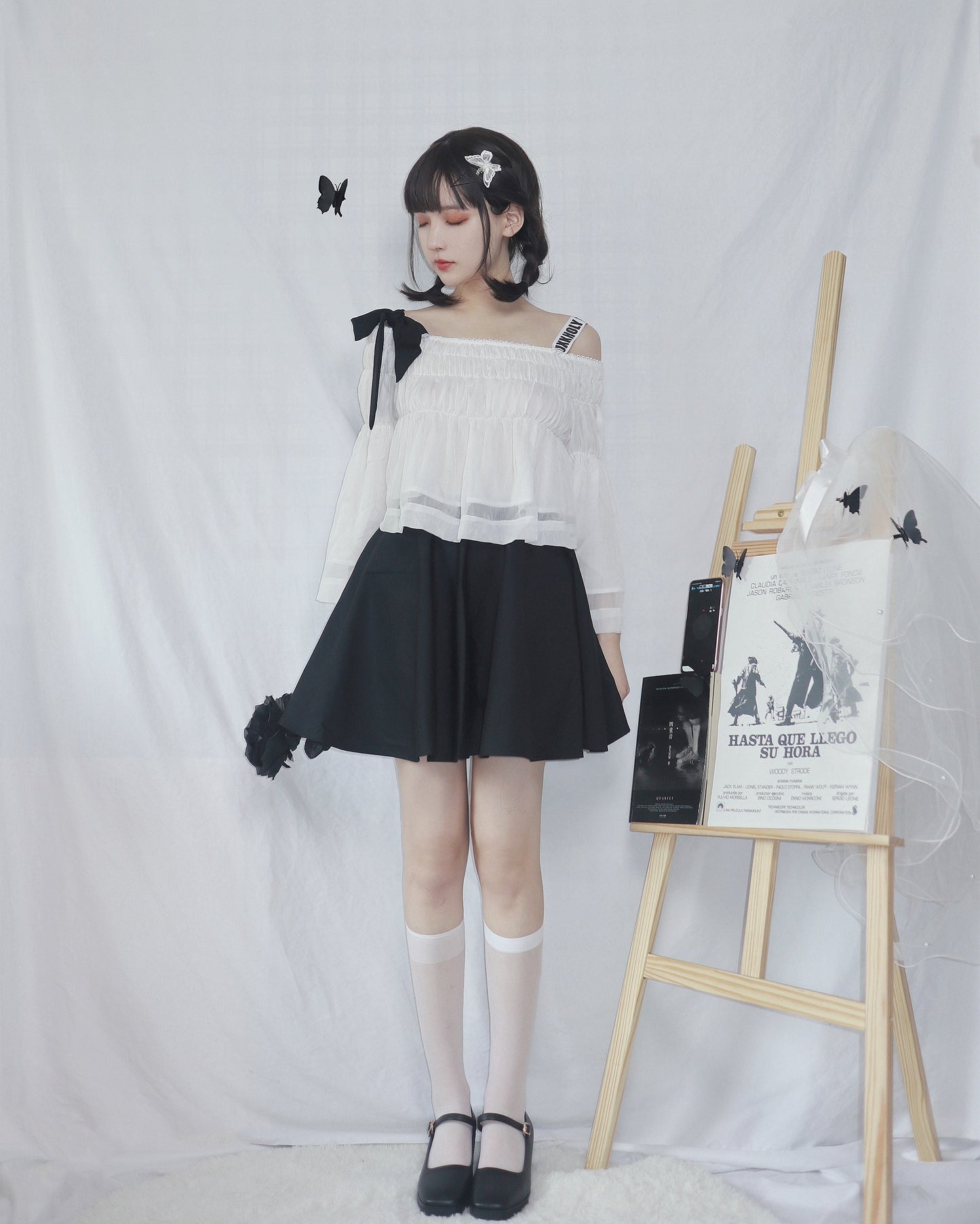 Off Shoulder Logo & Bow Gathered Top + Logo Lace Up Skirt