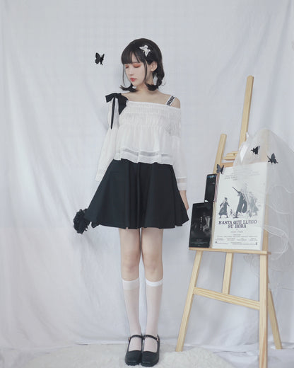 Off Shoulder Logo & Bow Gathered Top + Logo Lace Up Skirt