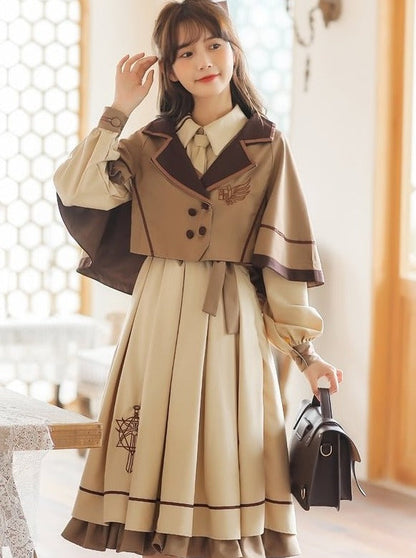 Cape Coat + Emblem Military Dress With Necktie