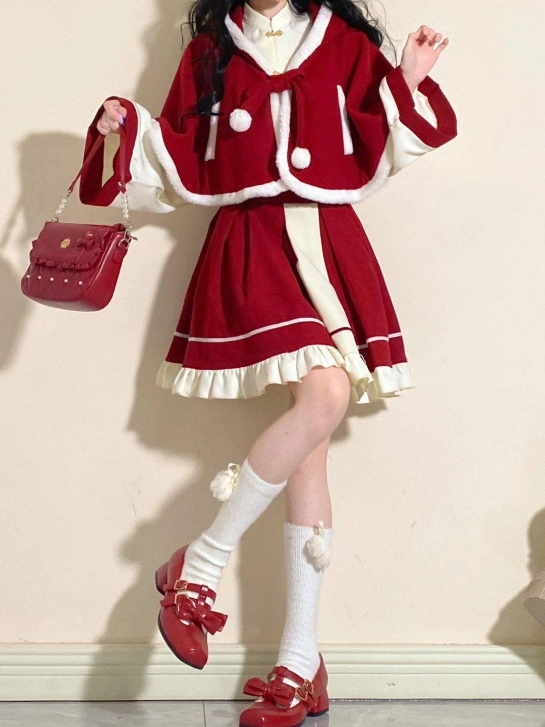Chinese-style Blouse + Skirt + Cat Ears Hooded Cape Coat[christmas Eve Costume]