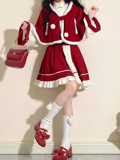 Chinese-style Blouse + Skirt + Cat Ears Hooded Cape Coat[christmas Eve Costume]